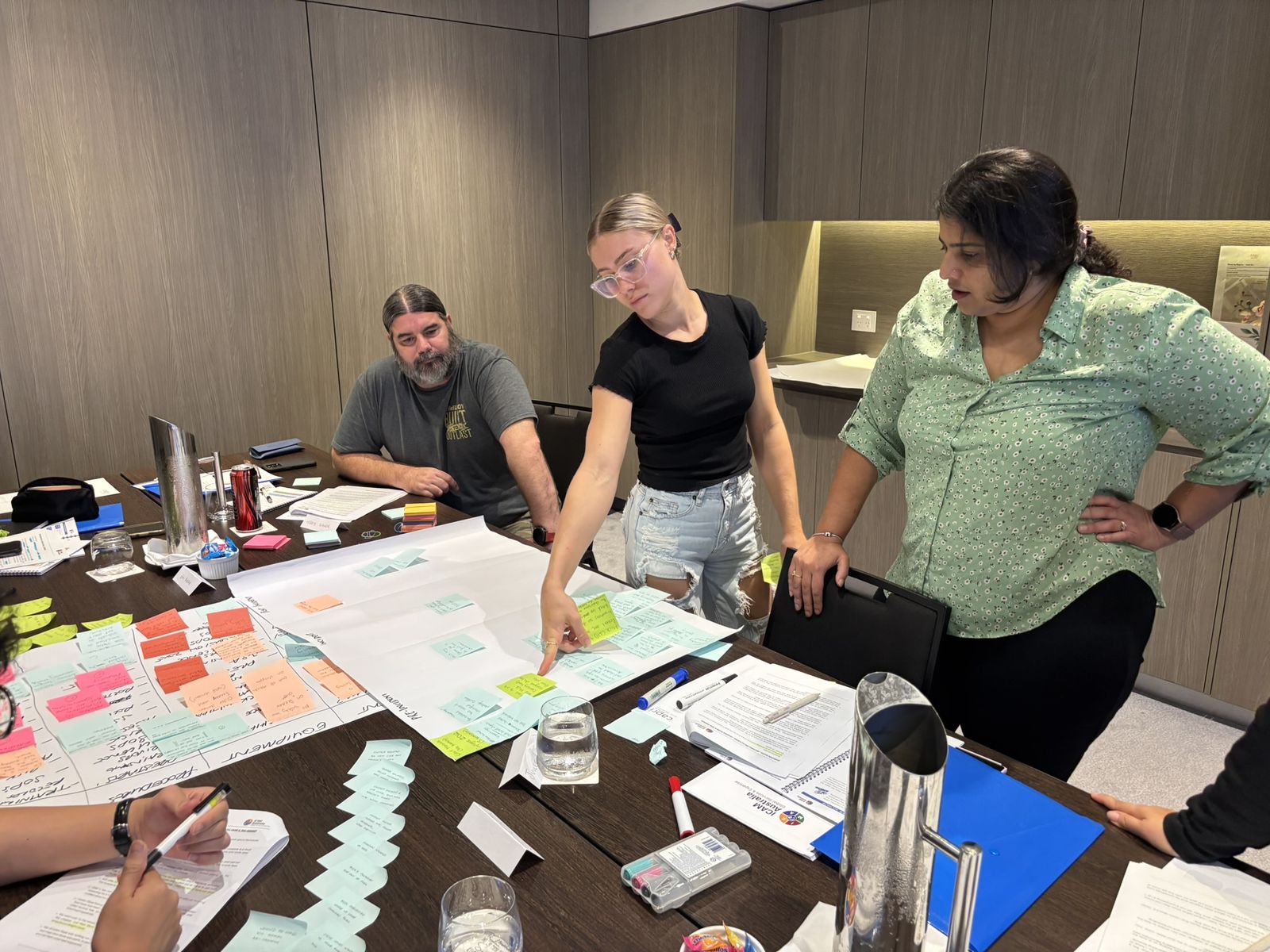 A group analysing a sticky-note chart in a 5 Whys workshop